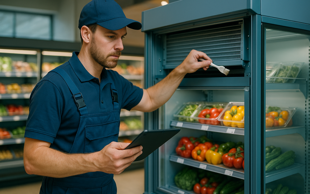 Técnico limpia el condensador de una vitrina y verifica la refrigeración tienda con tablet en tienda de alimentación.
