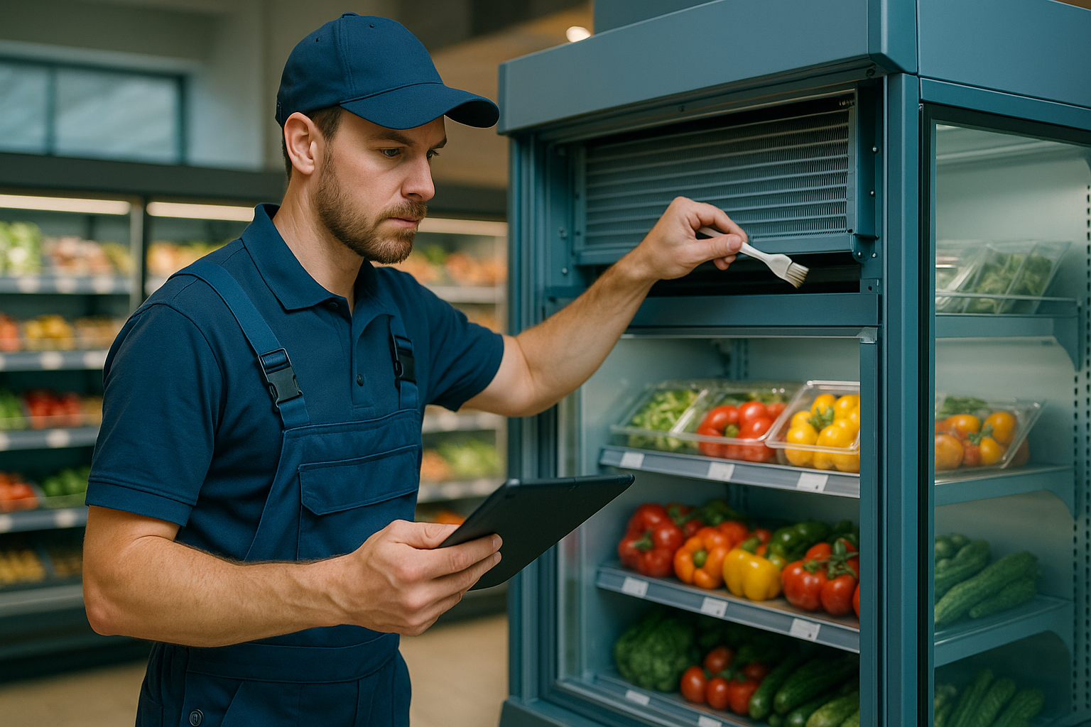 Técnico limpia el condensador de una vitrina y verifica la refrigeración tienda con tablet en tienda de alimentación.