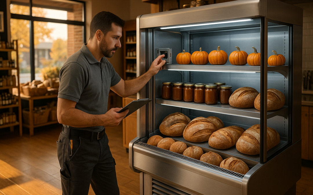 Interior de tienda alimentación otoño con vitrina abierta y técnico ajustando termostatos entre productos de temporada.