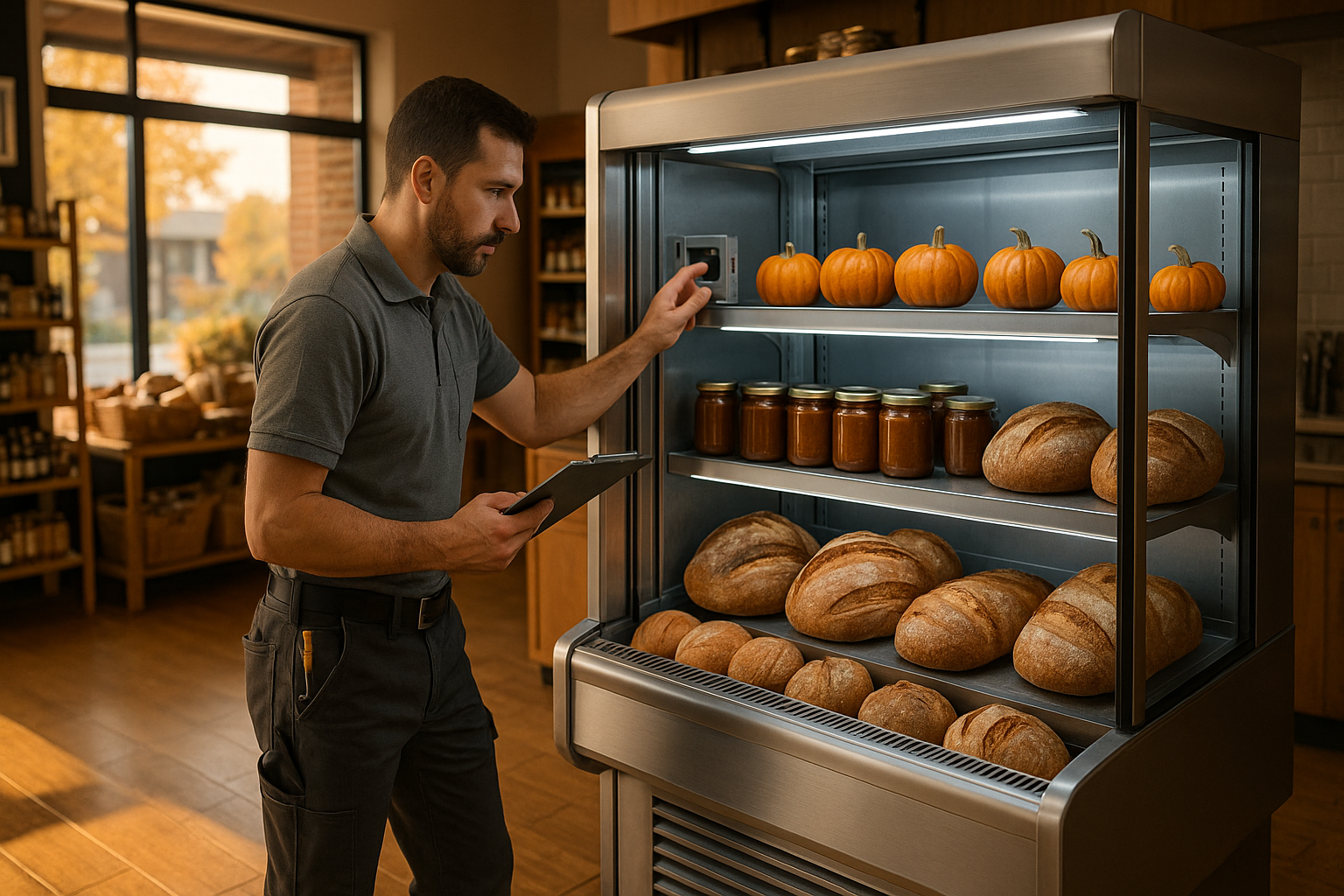 Interior de tienda alimentación otoño con vitrina abierta y técnico ajustando termostatos entre productos de temporada.